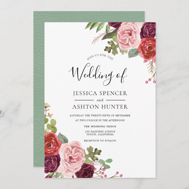 Elegant Burgundy Blush Mint Wedding Invitation (Front/Back)