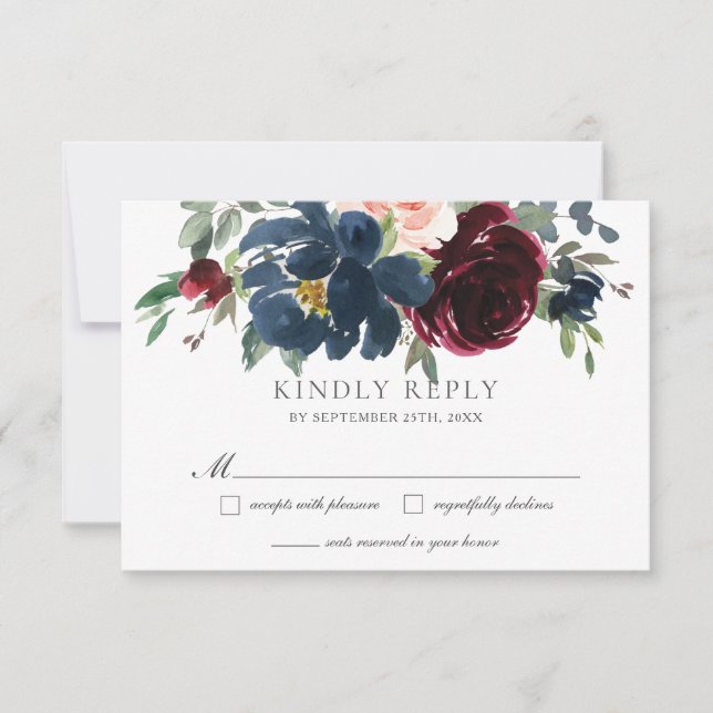 Elegant Burgundy Blush Navy Blue Floral Wedding RSVP Card (Front)