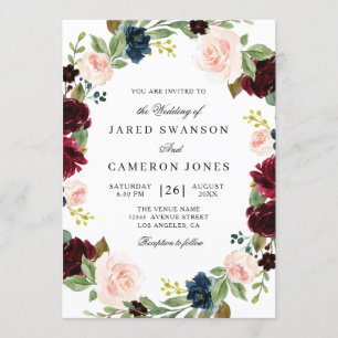 elegant burgundy blush & navy floral wedding invitation
