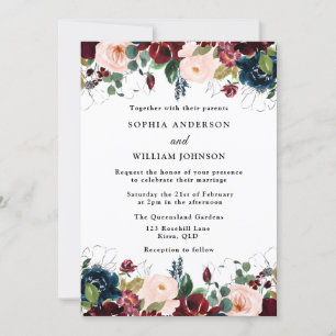 Elegant Burgundy, Blush & Navy Watercolor Wedding Invitation