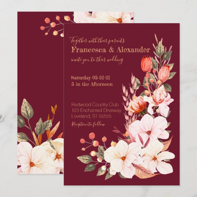Elegant Burgundy Blush Orange Floral Wedding Invitation (Front/Back)