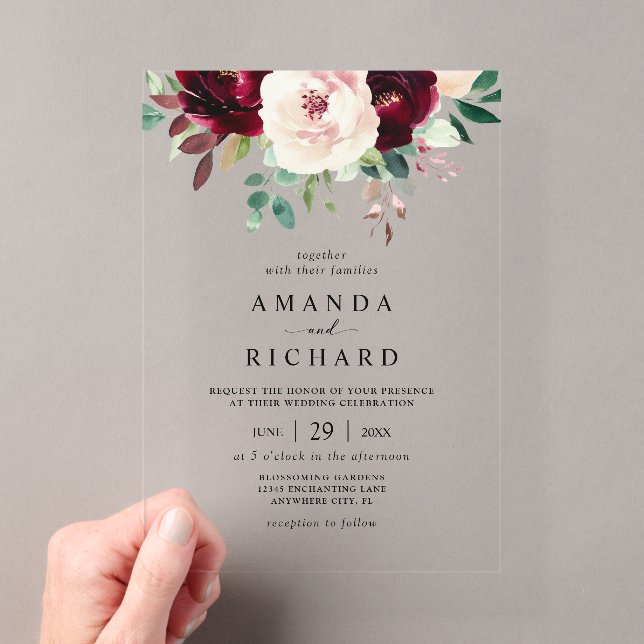 Elegant Burgundy Blush Pink Floral Wedding Acrylic Invitations (Insitu (Handheld))