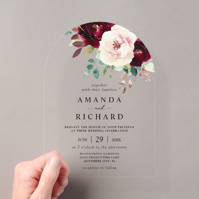 Elegant Burgundy Blush Pink Floral Wedding Acrylic Invitations (Insitu (Handheld))