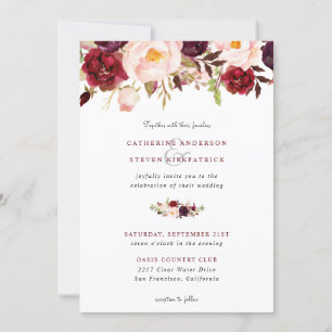 Elegant Burgundy Blush Pink Floral Wedding  Invitation