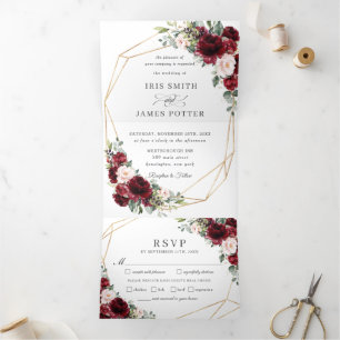 Elegant Burgundy Blush Pink Floral Wedding RSVP Tri-Fold Invitation