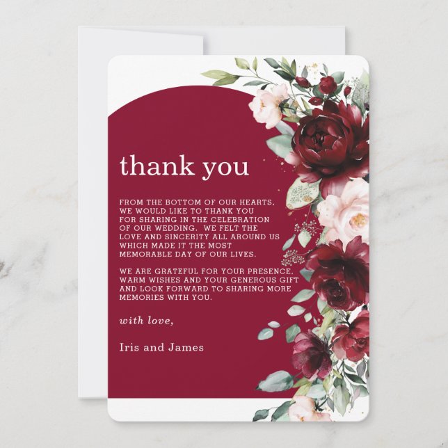 Elegant Burgundy Blush Pink Floral Wedding  Thank You Card (Front)