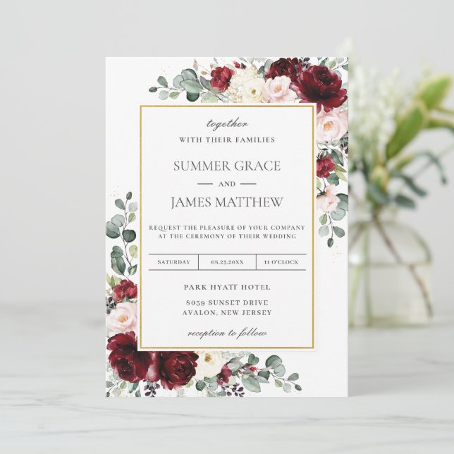 Elegant Burgundy Blush Pink Ivory Floral Wedding Invitation (Standing Front)