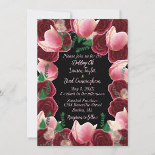 Elegant Burgundy & Blush Pink Rose Black Wedding Invitation