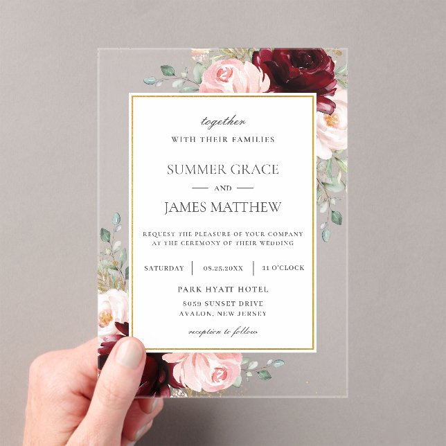 Elegant Burgundy Blush Pink Roses Floral Wedding   Acrylic Invitations (Insitu (Handheld))