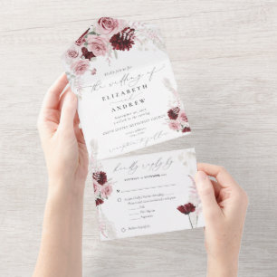Elegant Burgundy Blush Pink Roses Floral Wedding All In One Invitation