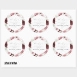 Elegant Burgundy Blush Pink Roses Floral Wedding Classic Round Sticker<br><div class="desc">This Wedding Square Sticker is a stunning way to add a touch of beauty and sophistication to your wedding favours or other decor items. The combination of the rich burgundy and soft dusty pink tones, along with the delicate textures of the pampas grass, creates a captivating and eye-catching design. The...</div>