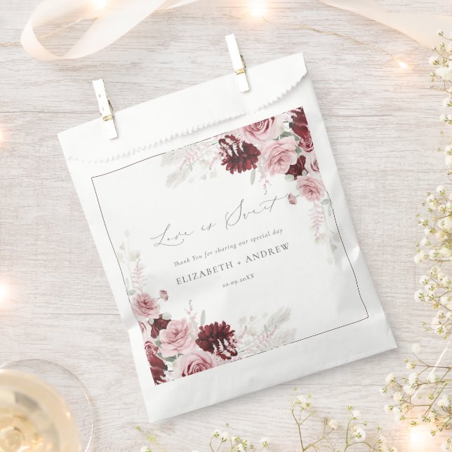 Elegant Burgundy Blush Pink Roses Floral Wedding  Favour Bag (Clipped)