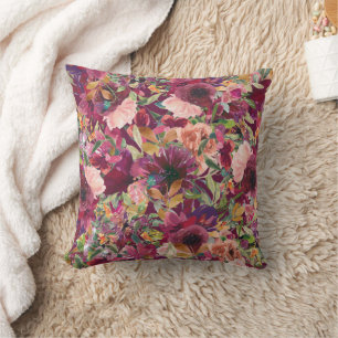 Elegant Burgundy Blush Pink Watercolor Floral Throw Pillow
