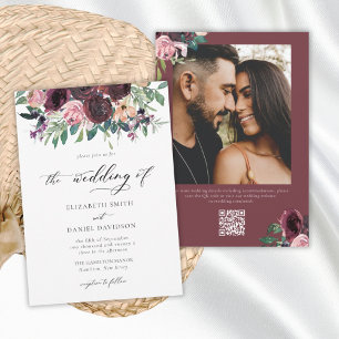 Elegant Burgundy Blush QR Code Photo Wedding  Invitation