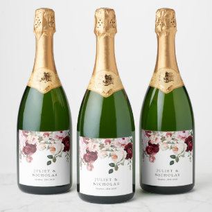 Elegant Burgundy & Blush Watercolor Floral Wedding Sparkling Wine Label