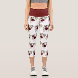 Elegant Burgundy Blush Watercolor Flowers Pattern Capri Leggings