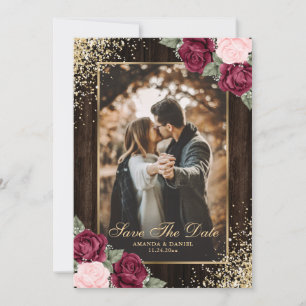 Elegant Burgundy Blush Wood Floral Wedding Photo Save The Date