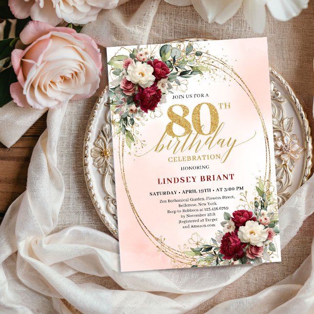 Elegant Burgundy Boho Botanical 80th Birthday   Invitation (Elegant Burgundy Boho Botanical 80th Birthday Invitation)