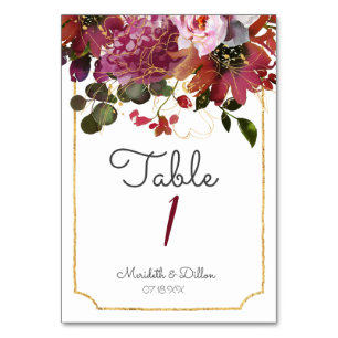 Elegant Burgundy Boho Floral Gold Geometric Table Number