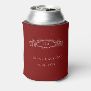 Elegant Burgundy botanical crest monogram wedding Can Cooler