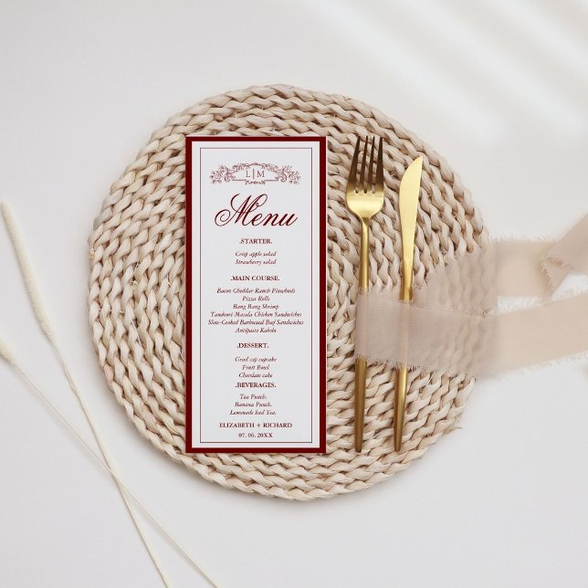 Elegant Burgundy botanical crest monogram wedding Menu (Creator Uploaded)