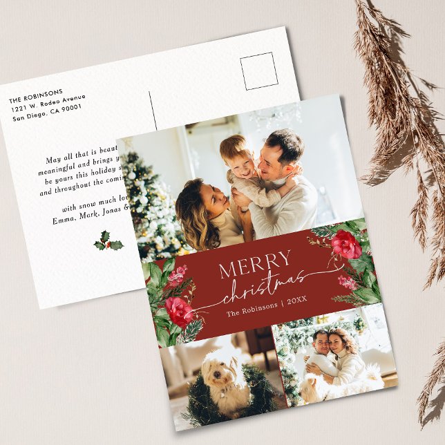 Elegant Burgundy Botanical Merry Christmas Holiday Postcard (Creator Uploaded)