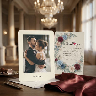 Elegant Burgundy Botanical Photo Wedding  Thank You Card