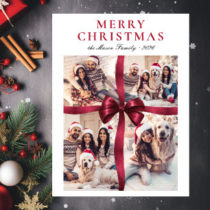 Elegant Burgundy Bow 4 Photo Collage Christmas Holiday Card