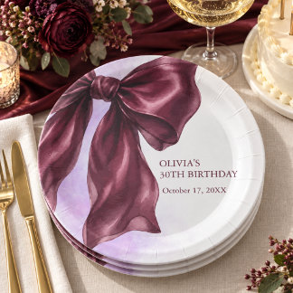 Elegant Burgundy Bow Birthday Party  Paper Plate
