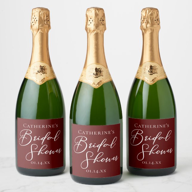 Elegant Burgundy Bridal Shower Personalized Sparkling Wine Label (Bottles)