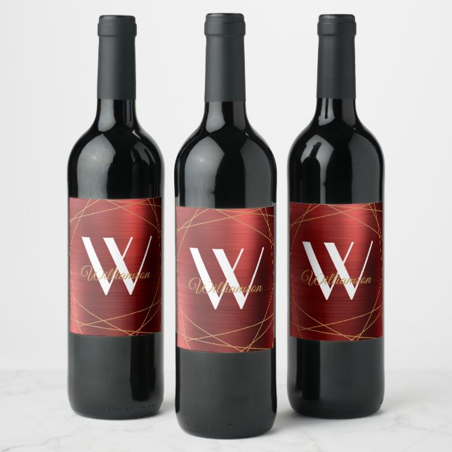 Elegant Burgundy Brushed Metal Monogram Name Wine Label (Bottles)