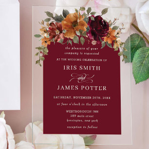 Elegant Burgundy Burnt Orange Rust Floral Wedding Acrylic Invitations