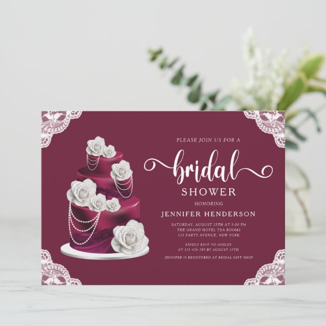 Elegant Burgundy Cake And Lace Bridal Shower Invitation (Standing Front)