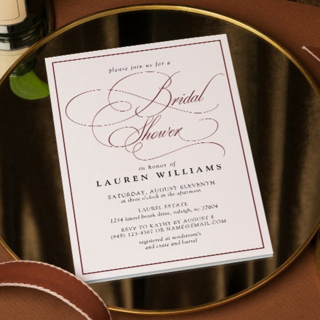 Elegant Burgundy Calligraphy Formal Bridal Shower Invitation (Bridal Shower Invitation!)