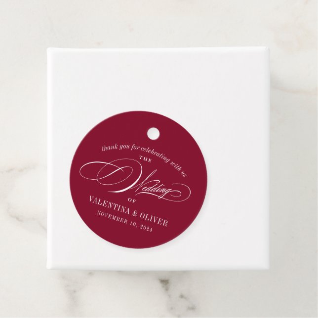 Elegant Burgundy Calligraphy Wedding Favour Tags (In Situ)