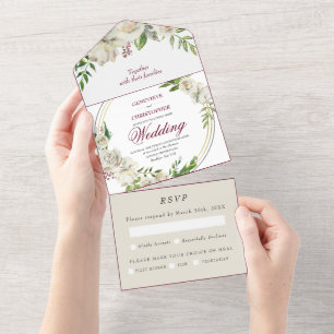 Elegant Burgundy Champagne Gold Rose Wedding All In One Invitation
