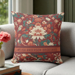 Elegant Burgundy Chinoiserie Floral Bridesmaid Throw Pillow