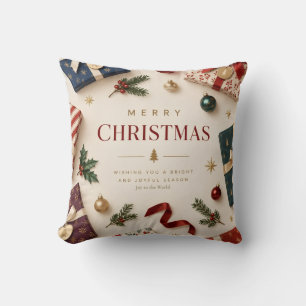 Elegant Burgundy Christmas Gift and Gold Starburst Throw Pillow