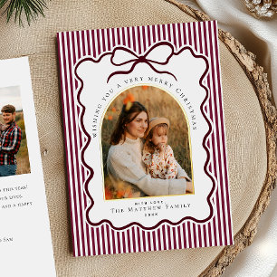 Elegant Burgundy Coquette Photo Gold Christmas Foil Holiday Card
