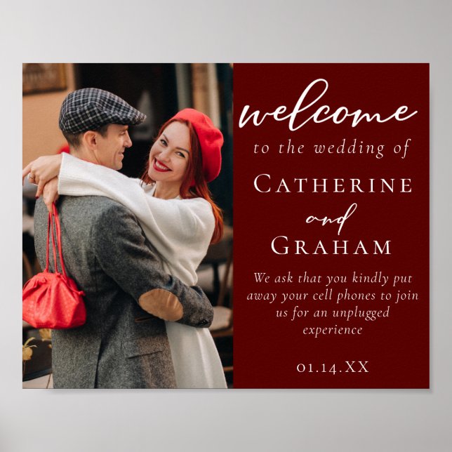 Elegant Burgundy Couple Photo Wedding Welcome Poster (Front)