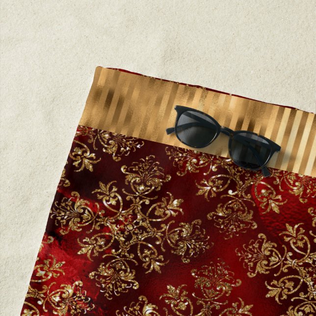 Elegant Burgundy Damask Gold Beach Towel (In Situ)