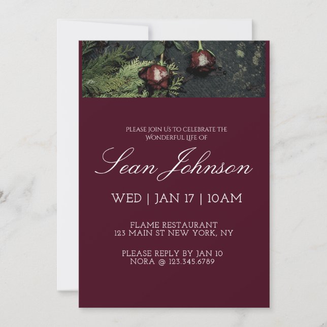 Elegant Burgundy Dark Rose Modern Custom Funeral Invitation (Front)