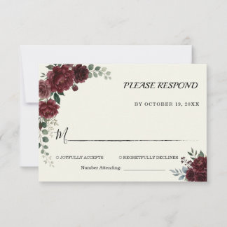 Elegant Burgundy Dusty Rose Botanical Wedding RSVP Card