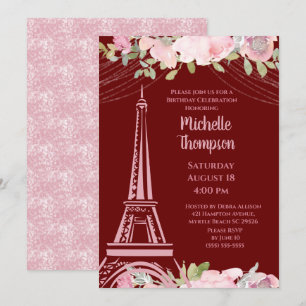 Elegant Burgundy Eiffel Tower Paris Birthday Invitation