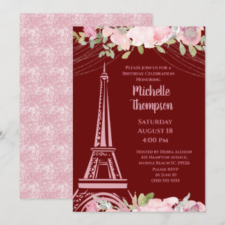 Elegant Burgundy Eiffel Tower Paris  Birthday   Invitation