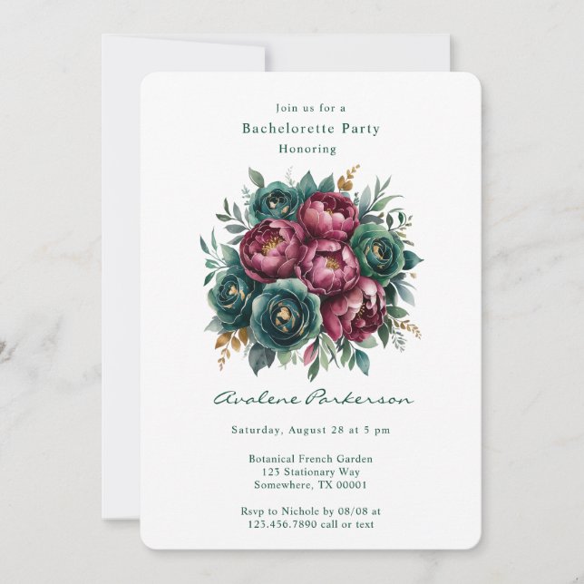 Elegant Burgundy Emerald Peony Bachelorette Party Invitation (Front)