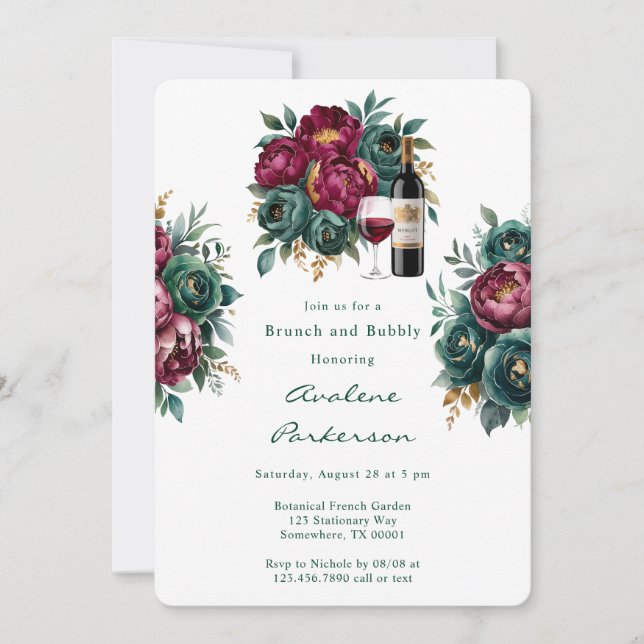 Elegant Burgundy Emerald Peony Brunch and Bubbly Invitation (Front)