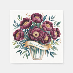 Elegant Burgundy & Emerald Peony with Gold Accent  Napkin