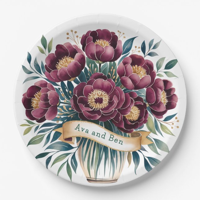 Elegant Burgundy & Emerald Peony with Gold Accent  Paper Plate (Front)