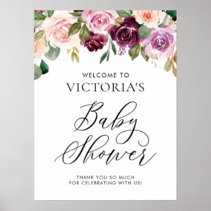 Elegant Burgundy Fall Floral Baby Shower Welcome Poster